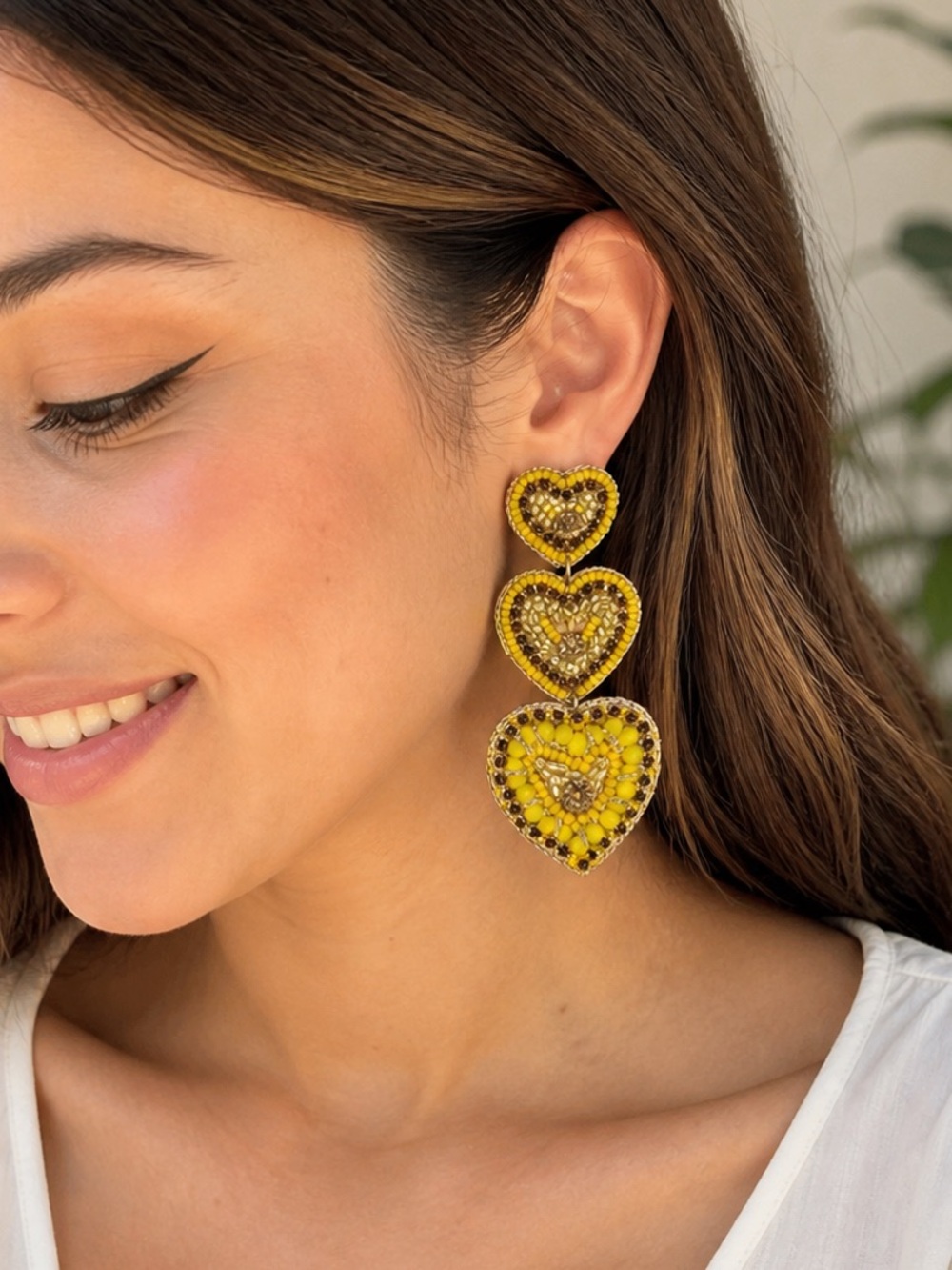 Kaylee New York | Handmade Beaded Heart Trio Earrings – Yellow & Gold – Boho NWT